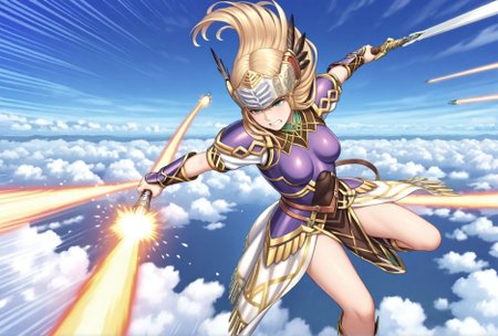 masterpiece,best quality,amazing quality,very aesthetic,absurdres,newest, huge filesize,
<lora:spo_sdxl_10ep_4k-data_lora_webui:0.5>,
<lora:add-detail-xl:1>
 official art, valkyrie profile \(series\),
clenched teeth, floating hair, <lora:Itanocircus_Illust0.1XL1:1>,Itanocircus, floating,flying,(Multiple missile:1.2),aerial battle,afterburner,glowing, lens flare, motion blur,above clouds,cloud, sky, day, laser,(explosion:0.6), emphasis lines, motion lines,speed lines, 
BREAK
<lora:Valkyrie_ProfileV1_r1:0.8>Valkyrie ProfileV1, 
1girl,
armor,armored dress,
weapon,
blonde hair,
sword,
long hair,
Valkyrie,helmet,
v_silmeria,