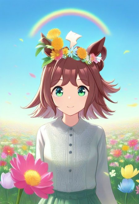 (umamusume, rhein_kraft_(umamusume), horse_ears, horse_girl, tail, 1girl, ahoge, animal_ears,)
casual, field, flower, flower_field, green_eyes, hair_between_eyes, hair_ornament, 
head_wreath, looking_at_viewer,  solo, aesthetic, absurdres, symmetric ,spiralling vortex made of multicoloured tulips, lush foliage sunrise,  ripples, reflective, jaynl-tm, rainbow, , g0ldsw0rthy,
(realistic, photo,  artistic, medium_hair, one_eye_closed, petals, relaxing, smile,  : 0.7)