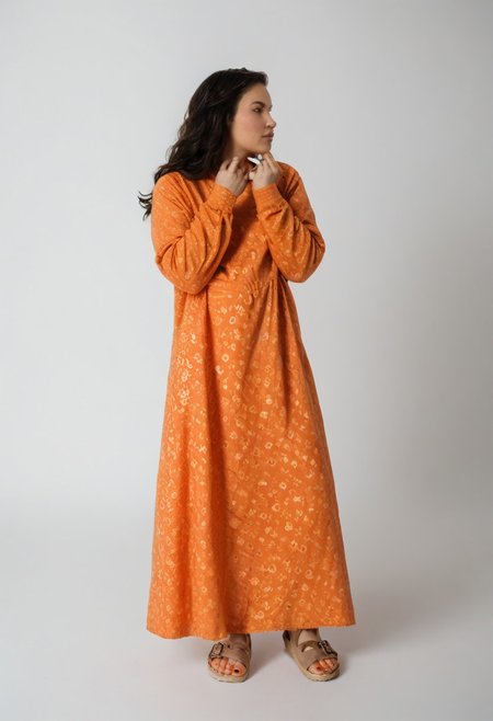 1girl, solo, simple_background, white_background, birksonfeet, toenail_polish, full_height, patterned, long_dress, long_black_hair, looking_away, pretty_face, long_sleeves, orange_black_white, posing, fashion