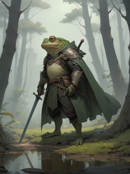 Anime style, ultra detailed, masterpiece, a forest field of battle, an anthropomorphic frog swordsman preparing to leap, wearing a cloak and scabbard <lora:add-detail-xl:1> <lora:M_niji_XL:0.6>