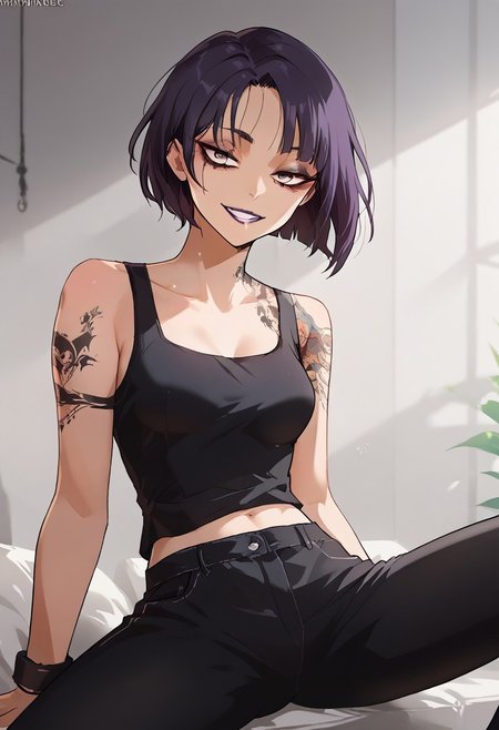 score_9, score_8_up, score_7_up, Expressiveh, source_anime, masterpiece, score_9, score_8_up, score_7_up 1girl, solo, mayabl2, tattoo, makeup, lipstick, half closed eyes, looking at the viewer, (cowboy shot:1.3), (asian, japanese idol:1.3), very short hair, yakuza tattoo, irezumi, (black undersized tank top:1.3), (black oversized pants:1.3), visible ombligo, thin waist,perfect eyes, symetric eyes, half closed eyes, dark bags under eyes, bags under eyes, slim, slender, ripped body, symetric eyes, looking at the viewer, (very short hair:1.3), morena, sitting, spread legs, evil smile, pretty face, perfect face, (black skin:1.4)