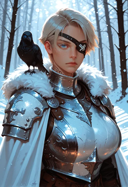 1girl, white armor, raven, jewelry, , , breastplate,, , upper body, freckles, , cape, signature, fur trim,  animal, nose, solo, plate armor, closed mouth, gorget, shoulder armor, (eyepatch:1.2), , winter, Viking, tribal tattoo, snow, huge breasts, white cape, 2 black bird, blue eyes, odin, depth of field, dynamic lighting, forest, leather, expressionless, raven_(animal) on shoulder, platinum_blonde, short hair,  tomboy, colored eyelashes, looking at viewer,, <lora:Detailer_NoobAI_Incrs_v1:0.75>, masterwork, masterpiece, best quality, dynamic lighting , dynamic pose,,  dynamic angle, , , (realistic:1.2), (lineless:1.2), detailed,  , aged up, adult, depth of field, dynamic lighting, blurry, cheekbones, <lora:zy_illustrious_Realism_Enhancer_v1:0.5>