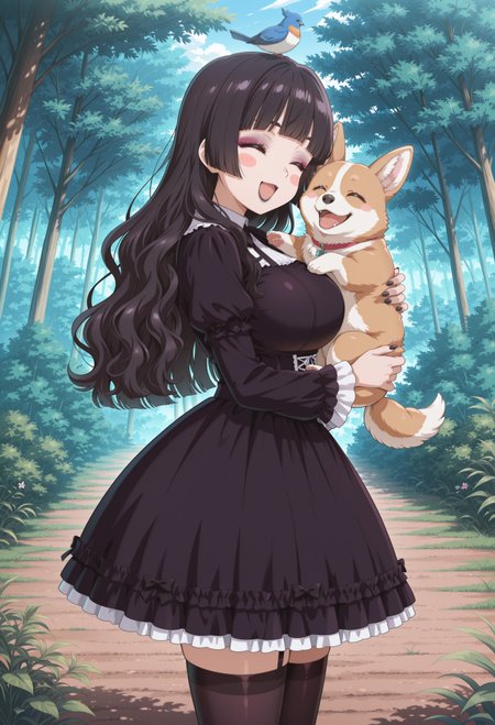 1girl, solo, black hair, long hair, wavy hair, hair down, bangs, hime cut,  blush stickers, large breasts, masterpiece, best quality, absurdres, cute, kawaii,
gothic clothing, gothic dress, black stockings,
outdoors, nature,
eyeshadow, black lipstick, black fingernails,
standing, holding dog, holding animal, hug, (cheek press:0.5), welsh corgi, bird on head, happy smile, closed eyes, very happy,
intricate, highly detailed, majestic