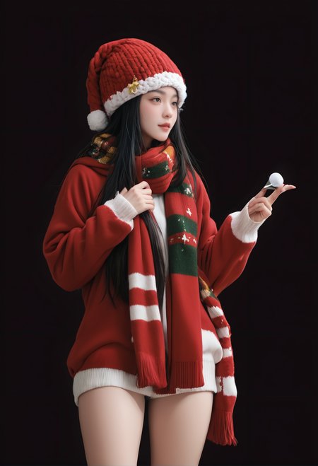 1girl,black background,,ruanyi1386,beanie,multicolored clothes,red scarf,christmas,standing,thigh gap,<lora:1386 christmas_v1_pony:1>, score_9,score_8_up,score_7_up,,8k,solo,,