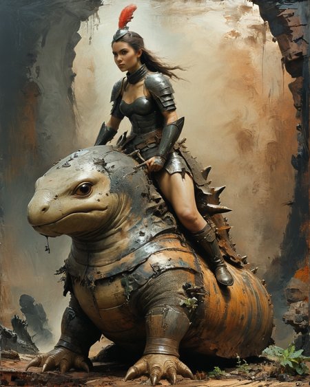 armored female warrior riding a giant slug, in the style of Frank Frazetta, <lora:add-detail-xl:0.75>, <lora:xl_more_art-full_v1:0.5>, <lora:XSfenlie:1> fenliexl,  <lora:NicolaSamori:0.9> in the style of Nicola Samori