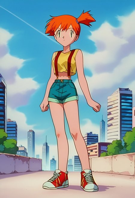 score_9, score_8_up, score_7_up, higres, source_anime
PKMNMisty, 1girl, orange hair, green eyes, mistydefault, bangs, side ponytail, short hair, eyelashes, yellow shirt, sleeveless shirt, crop top, midriff, suspenders, demin shorts, short shorts, sneakers, red footwear
standing, looking at viewer, cityscape, sky, day, clouds,