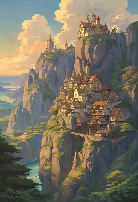 (studio ghibli drawing), (studio ghibli painting),best quality, masterpiece, extremely detailed,  professional  art,  professional painting, an extremely delicate and beautiful, dynamic,  great lighting, perfect shading, professional shading, depth of field,   side soft light, elegant, gorgeous, highly detailed,   full shot, uncropped,   pure genious, absolutely perfect,  highly detailed, breathtaking,  a giant and sheer cliff face with a town built into it, lots of different dwellings, fantasy, sunset