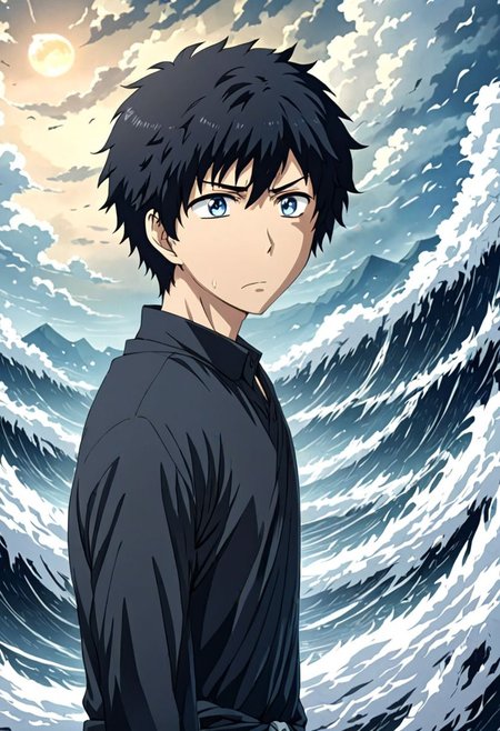 high resolution, solo, best quality, 1Boy, Arata Kaizaki, Black Hair, Blue Eyes, existential longing, fantasy background, strong wind, OverallDetail