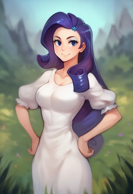 score_9, score_8_up, score_7_up, BREAK
1girl, rarity,  blue eyes, long hair, purple hair, 
white dress, hands on hips,
standing, solo, smile, looking at viewer, grass, blue sky, mountains background  <lora:PrincessHinghoiPDXLLocon_byKonan:1>