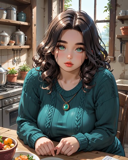 PonyScores7, source_anime, ah1, <lora:natsumi_style:0.5>, <lora:by_usakun-pony:0.4> by usakun, <lora:Akina_Bbw_Style_-_PonyXL:0.2> AkinBw
BREAK 1girl, (curly hair), long hair, (black hair:1.3), mature female, (parted hair:1.7), (round face:1.2), (thick eyebrows), (curvy), round-chin, (greenish hazel eyes), caucasian, (downturned eyes:1.2), (plump face), messy hair, <lora:Round_face:0.1>, <lora:ETO_OCPonyXL:0.5> eto_oc, skindentation, (plump), thick thighs, wide hips, busty, voluptuous, kinky curls, lips, <lora:venus body PonyXL:0.4>,  (Nauseated), (Sitting on a sinister, abandoned throne, shrouded in darkness), (Kitchen, Modern area with stainless steel appliances, granite countertops, a large wooden dining table surrounded by chairs, hanging pendant lights, pots and pans hanging from a rack), looking at viewer, (Dark turquoise long sweater and slacks)
BREAK <lora:xl_more_art-full_v1:0.2>, <lora:shinyskin2:0.2> glistening skin, <lora:aesthetic_anime_v1s:0.2>, <lora:Expressive_H:0.2> Expressiveh, <lora:hairdetailpxl:0.2> hairdetailpxl, <lora:EpicF4nta5yXL:0.2>, <lora:detailxl:0.2> detailxl, <lora:Fant5yP0ny:0.2>, best quality, amazing quality, best aesthetic, absurdres, <lora:expressive eyes:0.2> expressive eyes, <lora:eyedetailpxl:0.2> eyedetailpxl, illustration, Volumetric_Lighting, ultra-detailed, very aesthetic, intricate details, 8k, masterpiece, best_quality 
BREAK (Crash Zoom) 
BREAK <lora:Eyes_High_Definition:0.3> EyesHD, Stable_Yogis_PDXL_Positives, AS-Adult, <lora:Complicated fantasy portrait - XL Pony V2.0:0.4>, bad-hands-5