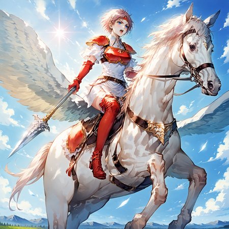 score_9,score_8_up,score_7_up,extreme detailed,full_body,zPDXL BREAK sky,flying,1girl,huge breasts,
<lora:Pony_DetailV2.0:1>,pegasus knight,horse,horseback riding,pegasus,<lora:pegasus knight-v2-pony:0.8>,long hair,shoulder armor,breastplate,pegasus knight uniform \(fire emblem\),holding polearm,charging forward BREAK defMarcia,short hair,white tunic,collared shirt,short sleeves,red armor,headband,red elbow gloves,belt,thigh boots,<lora:MarciaFE-pdxl-bsinky-v1:1>,
