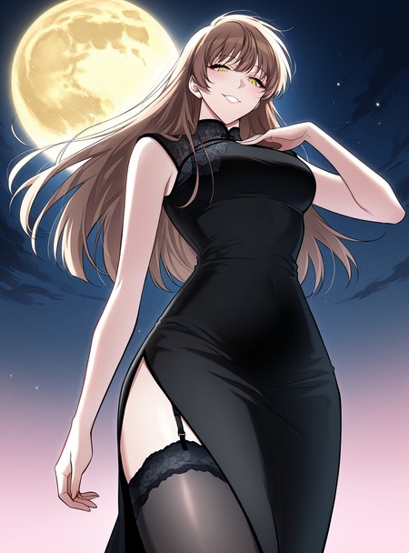 <lora:Omniscient_Readers_Viewpoint__Persephone:1>
1girl, solo, long hair, straight hair, brown hair, bangs, yellow eyes, 
black dress, sleeveless dress, high slit dress, floral pattern, lace trim, garter belt, thigh high stockings, 
score_9, score_8_up, score_7_up, very aesthetic, source_anime, detailed, high quality, beautiful, detailed eyes, masterpiece, best quality, absurdres, perfect anatomy, dynamic low-angle shot, looking down while smiling, wind blowing through hair, one hand near chest, flushed cheeks, dramatic lighting from behind, glowing rimlight, cinematic lens flare, soft pinkish background, ethereal atmosphere, anime style evil smile, night, golden moon