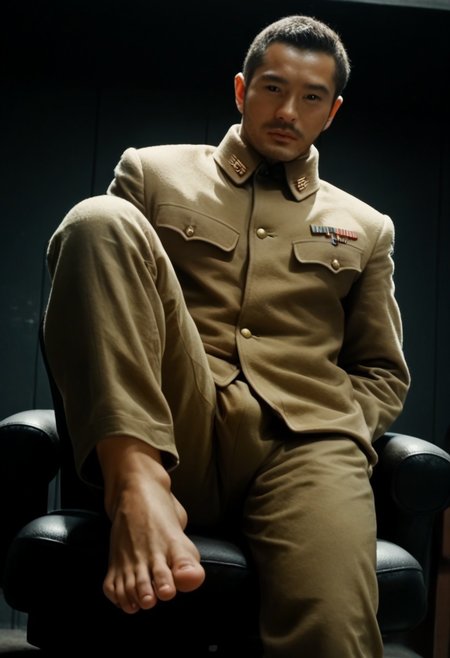 score_9, score_8_up, score_7_up, score_6_up, perfect anatomy, high_resolution, photorealistic, 
(male focus), footstomp, barefoot, feet, foot focus, soles, toes, foreshortening, view from below
Dashu, handsome asian male, masculine, manly, mature, long face, legs spread wide apart, full uniform, uniform pants, bare feet, bulge, sitting pose, military chair, background military base