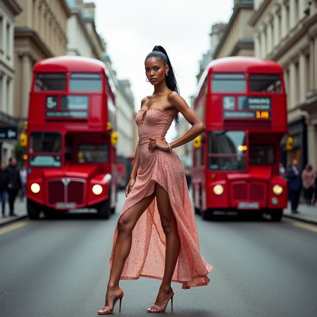 Full body perspective of a high-fashion model lalisa tisson wearing a summer dress and high heels, one hand on hips, fierce expression, standing on a London street and the iconic red double-decker buses in the background provide a vibrant, cinematic backdrop.  High-resolution camera with Canon EOS R3 and RF 85mm f/1.2 lens captures