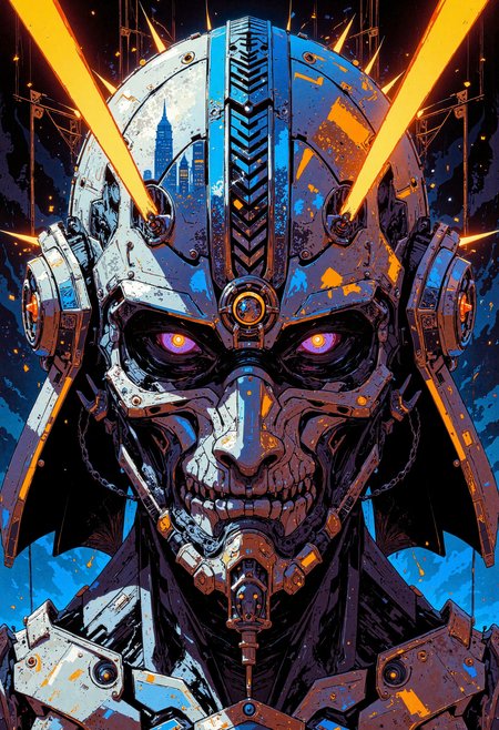 masterpiece, high-quality, art deco neon illustration, A face-filling close-up reveals the angular, geometric features of a samurais helmet, its polished silver surface etched with bold black deco patterns. Neon-orange and sapphire light strips outline the helmets edges, casting a futuristic glow on the samurais determined eyes, visible through a narrow visor. Reflections of a sprawling 1920s-inspired metropolis shimmer in the helmetâs curves, with skyscrapers adorned in zigzag motifs and glowing advertisements. Sharp metallic textures contrast with soft gradients in the background, evoking a fusion of tradition and retro-futuristic defiance, <lora:FLUX\Anime v1.3:0.5> <lora:FLUX\FLUX-daubrez-DB4RZ:0.3> <lora:FLUX\VividlySurrealOrigin:0.6>