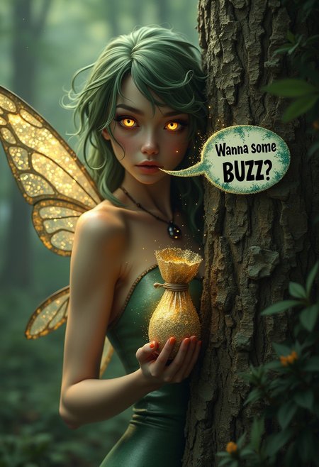 Hyper realistic style, sexy realistic fairy behind a tree holding a bag of shining dust, she looks like a drug dealer addicted when saying on a speech bubble: ‘Wanna trade some BUZZ?’ (high focus on deteriorating text). (High quality textures and colors), realistic eyes and face features. enchanted woods background, full body, full view, her eyes are glowing, open view, at distance,