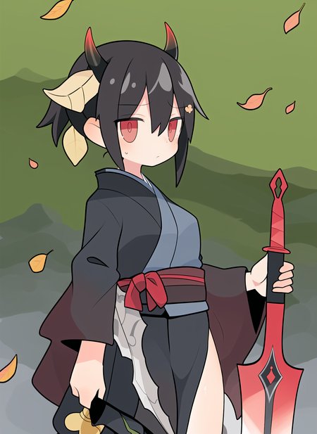 Masterpiece, best work, high quality, black hair, (japenese armor), kimono, (wielding sword), huge sword, pony tail, oni horns, large jacket, robes, kimono, red eyes, serious, forest wind blowing, in motion, leaves, leaves falling, afternoon, action, petite, muscular, small breasts