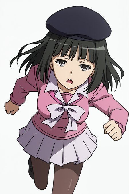 <lora:ANEMEWWW:0.8>, white background, Rikou Takitsubo, solo, skirt, hat, pantyhose, beret, running