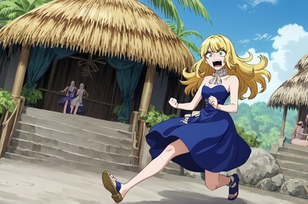 score_9, score_8_up, score_7_up, illustration, source_manga, rating_safe, r3tr0XLP ,<lora:r3tr0XLP:0.7> 1girl, solo, slimes_ruri, green eyes, long hair, straight hair,  blue dress, bare shoulders, full body, angry shout expression, crazy face, <lora:SlimesRuri:1>  , at a tropical village, lifted leg, fighting pose, flying kick