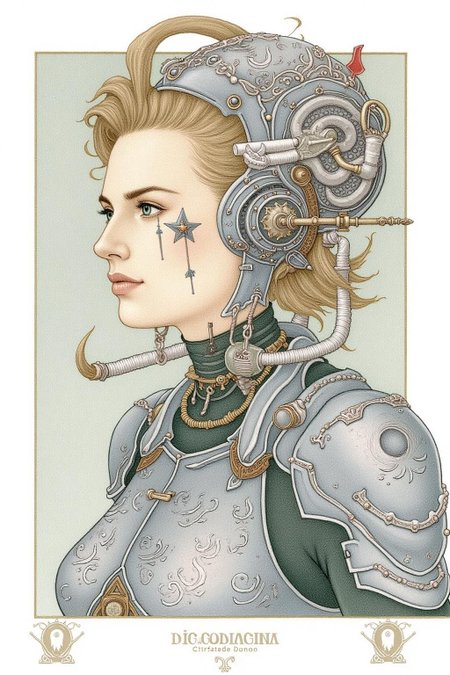 olgadugina1 illustration.
juangimenez1. woman in metallic armor with swirling patterns and a star-like symbol on the cheek. Mechanical components like tubes and a central core are visible.  <lora:olgadugina2_cap_d6a3e9:1.0><lora:858084783975055560:0>