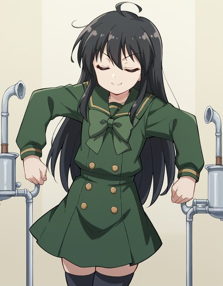 score_9, score_8_up, score_7_up, source_anime, <lora:shakugan-no-shana-s3-ponyxl-lora-nochekaiser:1>, shana, long hair, black hair, brown eyes, ahoge, sidelocks,, school uniform, serafuku, green serafuku, bowtie, green bowtie, green shirt, green sailor collar, long sleeves, green skirt, buttons, thighhighs,, refinery, pipes, smoke, metal, oil, smile, <lora:zui-zui-dance-ponyxl-lora-nochekaiser:1>, zui zui dance, dancing, closed eyes,, looking at viewer, solo,, dutch angle, cowboy shot