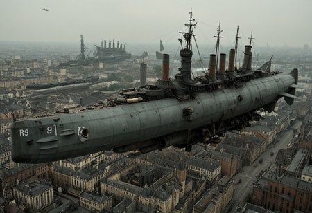 masterpiece, best_quality, very_aesthetic, highres, absurdres, ultra detailed, airship,  battleship, steampunk, Victorian, 
flying over Victorian city,
 airship, vehicle focus, no humans, military vehicle, military, science fiction, aircraft flying, radio antenna, cannon, machinery,rocket launcher,
dark iron, (light blue/navy gray vehicle), 
spiral, pipe ,rivets, ,wire,