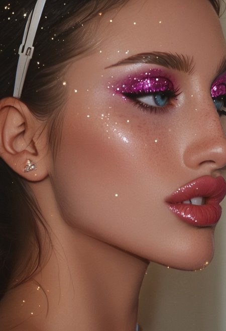 score_9, score_8_up, score_7_up, profile, side view, portrait, 1girl, face focused, neck, shoulders, art face, Kandinsky, teefs44, bignoselady, large nose, aquiline, ladyburns, sideburns, very big lips, makeup, (glitter face), very milky skin, parted lips, teeth, open eyes, big eyes, dark hair, iridescent eyeshadow, glitter, mole, very moist mouth, face covered in sparkles 