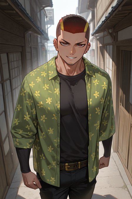 expressive manly face, 1boy, UnjiZuma, red-gold-grey_zuma_multicolored hair, red_zuma_eyes, facial hair, chin stubble,  zuma_ear_piercings, zuma_eyebrow_piercing, zuma_oversized_shirt_with_flower_patterns, tight longsleeves, zuma_knee_length_pants, manly, looking at viewer, smiling, manly, shiny skin, hands at side, shadow, dynamic angle, dynamic action, atmospheric perspective, intricately detailed, depth of field, masterpiece, best quality, amazing quality, very aesthetic, absurdres, newest, very awa