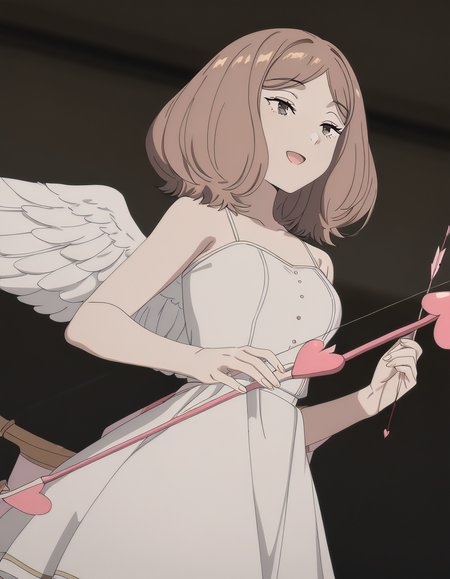 masterpiece, best quality, newest, absurdres, highres, safe,, <lora:mage-edel-s1-illustriousxl-lora-nochekaiser:1>, edel, brown hair, brown eyes, medium hair, medium breasts, anime screencap, <lora:cupid-ponyxl-lora-nochekaiser:1>, cupid, dress, bare shoulders, weapon, heart, wings, bow (weapon), arrow (projectile), angel, smile, open mouth, heart arrow,, , cowboy shot, solo