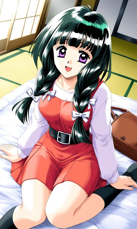 general,highres, ultra-detailed,very aesthetic,best quality ,best hands, BREAK  <lora:Kamiyama_Miko_kakyuusei_Ver2.0_IS:1>Kamiyama_Miko(kakyuusei), 1girl, solo, dark green hair,, long hair, purple eyes, twin braids, white bow, blunt bangs, hair bow, medium breasts, smile, open mouth,
hair over shoulder, 1girl, soro, green hair, long hair, hair over shoulder, bangs, purple eyes, hair bow, twin braids, blunt bangs, black hair, smile, 
Japan room, tatami, futon, sitting, dutch angle, socks, smile, black hair, belt, day, dress, long hair, bag, long sleeves, knee highs,