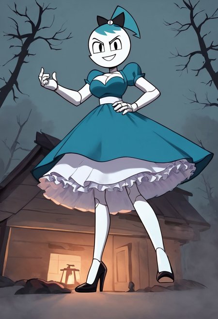(Masterpiece, best quality:1.2), score_9, score_8_up, flat color, flat shading, soft shading, lighting, Jenny Wakeman as an adult, (((in a 1950's full length formal dark blue dress, a white belt, a fluffy frilly ruffled full white petticoat, and black high heels))), dress, layered petticoat, frilly petticoat, fluffy petticoat, full petticoat, detailed petticoat, wide skirt, detailed outfit, flowing skirt, (((long skirt))), (((solid dark blue colored dress, black high heels))), blue hair, series accurate, cute, best high quality, high res, robot, humanoid robot, (((giant breasts, cleavage))), whole body shot, 1girl, (((solo, outside, in a dark creepy forest, by a old ominous log cabin, at night, heavy fog surrounding her, fog, heavy fog, looking at you, low angle))), (((evil, evil smile, determined evil eyes, posing gracefully and evilly))), low angle shot, cartoon, cartoon style, vector, solo, circle dress, 1950s, dance dress jenny, jenny wakeman, 1girl, solo, robot joints, black eyes, white skin, ponytail, hair bow, blue rose chest corsage, poofy dress, blue hair, flat lighting,