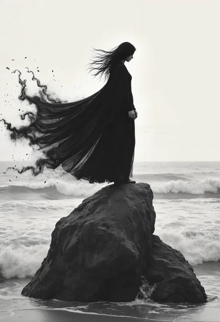 a woman standing on top of a rock next to the ocean, a black and white photo, by Lucia Peka, tumblr, conceptual art, burning wings, cloak flittering in the wind, andrey tarkovsky, holding nevermore, hand-drawn, disintegrating, dancing on the beach, dark illustration, i_5589.jpeg
<lora:add-detail-xl:0.5> <lora:xl_more_art-full_v1:0.5>