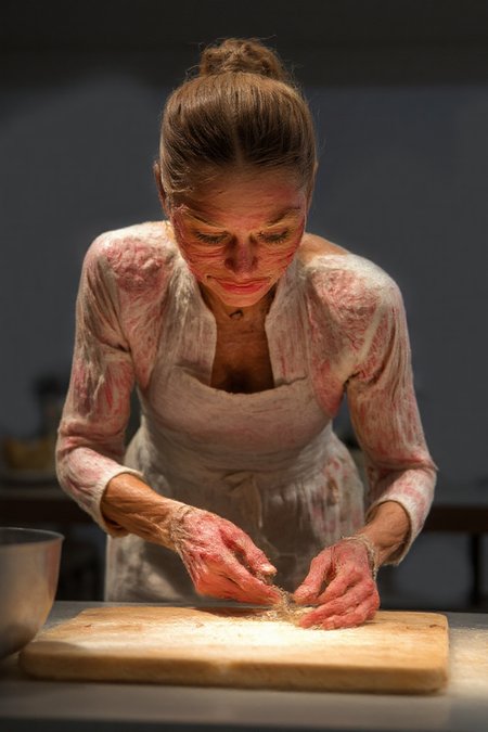 A plastinate as a housewife baking in the kitchen. lighting is cool and diffuse. <lora:Plastinates:1.5> <lora:schnell_v1.0:1.0>