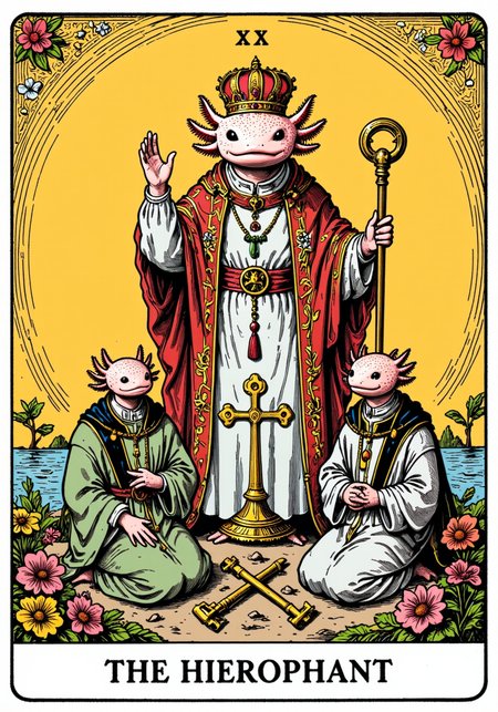 axolotl, a tarot card in the style of ck-tc featuring, A tarot card with the text "The Hierophant," an axolotl in religious garb, two followers kneeling, a staff, a triple cross, a pair of keys crossed.<lora:ck-tarot-000015.safetensors:1.0:1.0> <lora:Axomodel_Flux_V1.1.safetensors:1:1>
