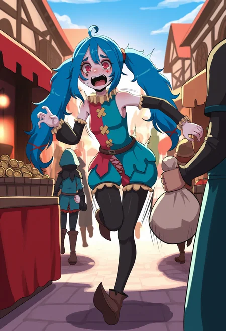 pippipanini, blue hair, long hair, red eyes, jester, black sleeves, detached sleeves, (permanent makeup, facial markings, red heart_mark under eye, spade mark), twintail, small breasts, outside, town, pantyhose, townfolk, market, brown footwear, sunshine, running away, motion lines, tears, holding small sack, money sack, gold in sack, gold coins, coins  falling out of sack