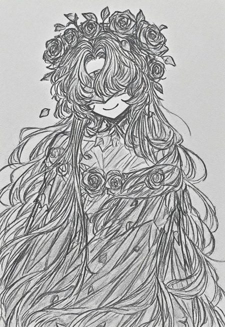 greyscale, sketch, high resolution, portrait, amazing quality,long hair, dynamic pose, (((roses in hair))), (((petal hair))), flower hair, monster girl, plant girl, (masterpiece), (((hair is flowers))), best quality, solo, dynamic pose, no eyes, rose hair, petal hair, gradient hair, white hair, red petals, petals on head, plant person, petal hair, flower hair, iridescent clothes, iridescent robe, petal clothes, smile, (((hair made of roses))), rose on head, curtained hair, rose head, ((object head)), petal sleeves,  hair over one eye, silver blindfold
rose for a head, hanahaki disease, mirror face, mirror skin, mirror head, glass skin, white mirror armor visor, white skin, porcelain skin, reflective skin , hat over eyes, rose hat, off-shoulder rainbow iridescent dress, pond