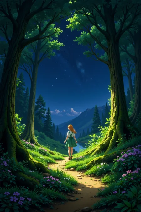 mossy coniferous forest beautiful anime landscape, bright luminous starry night, woman, very intricate, very detailed, sharp, bright, colorful, <lora:Hand v2:0.5> <lora:Anti-Blur:1><lora:Insane Detail Slider:0.25>  <lora:flux.1_lora_flyway_Epic-detail_v2:0.3> <lora:fluxenhancer:0.25> <lora:ROWER:0.6> <lora:flux-charmer-v1-1:0.4> <lora:Anime art - Variant 2:1>