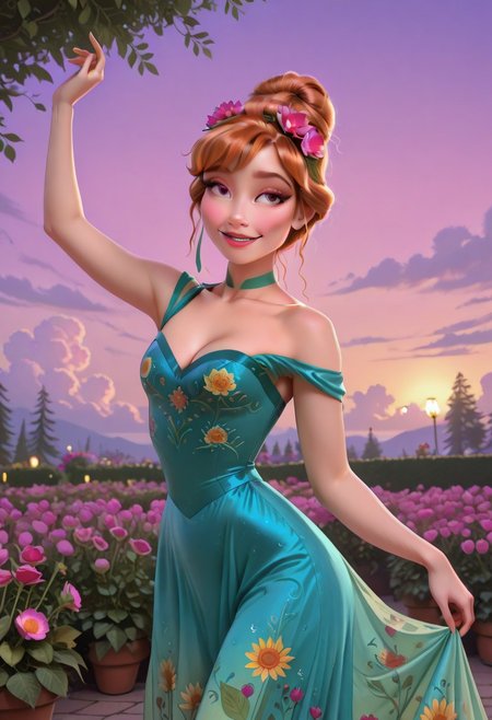 AnnaXL, 1girl, solo, POH-Illu, flowers, auburn hair, hair flowers, hair ornament,
fae, fairy, playful, sexy, teasing, dancing, in a garden, sunshine, puffy clouds, hazy sunshine,
slender,
intricate sundress, festival dress,
slender hips, tiny waist, 
strap slip, cleavage, small breasts,
masterpiece, best quality, newest, absurdres, highres, very awa