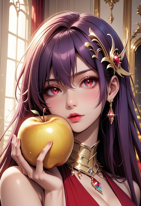 <score_9, score_8_up, score_7_up, masterpiece, best quality, best resolution>,
<1girl:1.3 ,solo:1.3, Eris_Santia_Sho>,<source_cartoon, white lighting ,colorful,rating_explicit>,<Sexy, perfect sexy body, fuck meat body,perfect round breasts, sexy legs>,<very long hair,purple hair,bare shoulders red eyes,breast,cleavage,red dress,jewelry,hair ornament,earrings,choker,anklet,armband,thigh slit, ((golden apple at hand:1.5 ))>, <living room, black walls, red floor>,<lora:add-detail-xl:1.5>, (close-up face)