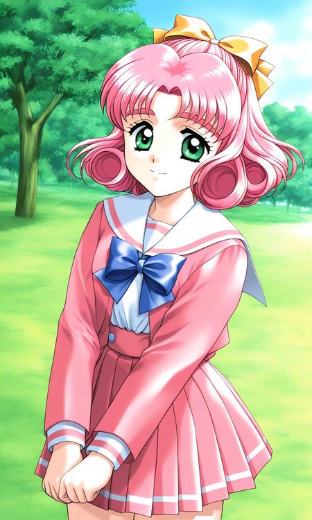 general,highres, ultra-detailed,very aesthetic,best quality ,best hands, BREAK <lora:Minagawa_Nana_kakyuusei_Ver2.0_IS:1>
Minagawa_Nana(kakyuusei), 1girl, solo, pink hair, short hair, hair bow, ribbon, green eyes, curly hair, 
school uniform, long sleeves, bangs, pink skirt, pink jacket, pleated skirt, blue bow, white shirt,
smile, v arms, cowboy_Shot, open jacket,
grass, tree, sky, day,