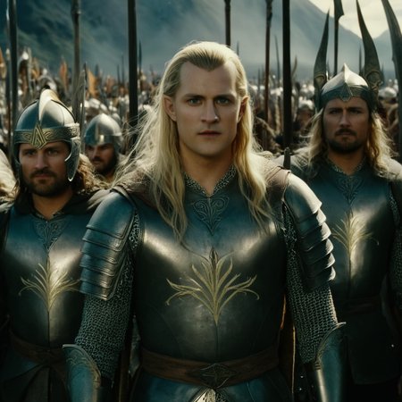 cinematic film still of  <lora:The Lord of the Rings style v2:1>
In a Fantasy Middle-earth world in the dark ages Elfs a group of elf warrior men in armor standing next to each other,blonde hair,weapon,male focus,multiple boys,horns,sword,cape,armor,mask,facial hair,helmet,beard,6+boys,realistic,army , dramatic light, dramatic shadow light, film contrast, cinematic film color, cinematic film look, filmic, realistic, realism, perfection, perfect, movie still, fantasy drama, epic drama, fictional, Age of Wonders, Age of Empires, warriors,  Medieval style, middle ages, dungeons and dragons style, different people, different, unique, kingdoms and castles, violent, aggressive, detailed, perfection, detailed face, detailed body, detailed hands, detailed eyes, sharp, horror themed, dark themed, epic fantasy adventure film style, Legendary, mythical, The Lord of the Rings style, shallow depth of field, vignette, highly detailed, high budget, bokeh, cinemascope, moody, epic, gorgeous, film grain, grainy