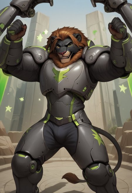 score_9, score_8_up, score_7_up,
1boy, solo, torso view,<lora:Anthro_Lionlioness_PONY_XL:1>,
(anthro lion:1.2),  lion male, (((black fur1.3))), fangs, claws, wearing green power armor,helmet,armor,arm cannon,power suit, green power suit, black fur, brown mane,  <lora:Furry_Lora_Panther:0.8>  very intricate, high quality details,vibrant, highly detailed, award-winning, professional,anime artwork, dynamic pose, action pose, intense, fun,