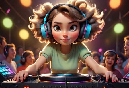 Imagine the most adorable fluffy cartoon 30 year old woman with a tiny top, who stands behind the decks with oversized headphones, ready to spin some tunes. As the spotlight hits her, the audience,, gathers around in excitement. Describe the scene as she starts mixing tracks, with colorful lights pulsating to the rhythm. How does the audience react? What kind of music is she playing, and how does it make everyone feel? Dive into the vibrant atmosphere, capturing the essence of joy, rhythm, and the magical connection between music and the cartoon world.
 intense, photorealistic lighting and cinematic lighting quality,  (sharp focus), backlighting, photo realistic, highly  detailed,
a colorized photo, RAW format, 8K photorealistic image, superflat, 4k, ultra hd, high resolution , UHD, shot with a professional DSLR camera like Fujifilm XT3, Sony A7IV, Nikon D850, Sony A9 II, Canon EOS R5,
The final image should be a professional, award-winning masterpiece with (sharp focus:1.2),, (intricately detailed, hyperdetailed), HDR, (extremely detailed 8k wallpaper), high quality, intense, intricate, highly detailed, octane render, fine detail, ultra realistic, crisp, super sharp, studio quality, masterpiece, best quality, UHD, Film grain, photorealistic, trending on cg society
