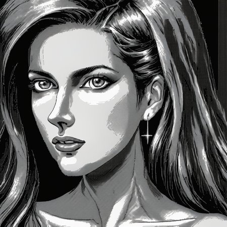<lora:Macpaint-XL-000015:1>, Macpaint,  close up black and white pixel image of a beautiful woman with long hair standing, pixel art, best quality, minimalist, dithering, retro