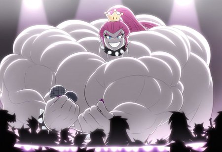 Pinkamena Diane Pie, Equestria Girls, poseMega, 1girl, breasts, super crown, collar, large breasts, bracelet, crown, ponytail, long hair, smile, jewelry, teeth, nail polish, grin, pink_dress, leaning_forward, shirtMega, poseMega, big muscle,large muscle,hyper muscle,huge muscle,thick limbs,thick thighs,thick arms, full body, monster muscles, giantess, microphone, holding microphone, singing, stage, neon lights, best quality, masterpiece, highres
