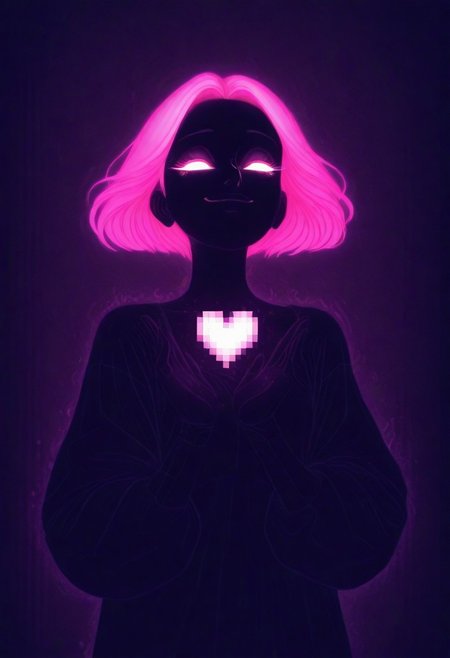 ajnblyst, Soft digital angel, glowing softly in serene neon blues and pinks, light trails of warmth and love flicker around the figure, high contrast with a tender presence, translucent form that feels real yet digital, glowing eyes full of care and affection, whispers of sweet words in the dark, pixelated heart glowing gently, half-human, half-digital beauty that radiates calm and love, a serene smile that melts the heart, digital aura of comfort, warm, romantic atmosphere in high-quality resolution