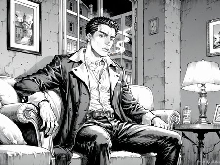 adult man, male focus, brown eyes, black hair, short hair, sitting in the chair, holding cigarette, smoking, detective, coat, pants, hotel, indoors, corner, lamp, dark, night, solo,
, <lora:Berserk:0.8>, score_9, score_8_up, score_7_up, zPDXL3, monochrome, greyscale
