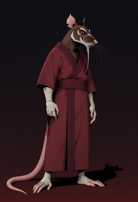 MasterSplinter2012, brown fur, rat, animal, 1boy, male focus, furry male, rat tail, red eyes, detailed eyes, seductive, sash, bandages on arms, score_9, score_8_up, score_7_up, score_6_up, score_5_up, score_4_up, (red robe:1) ,standing up, plantigrade, (white eyebrows:1.4),  (fullbody:1), light effects, simple background, smiling at viewer, (white chin:1), (detailed face:1), (long white beard:1.2), bandages on hands, face focus, whiskers, seductive, (no background:1.2)