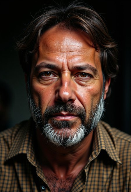 Unfazedfantasii, vantablack, OBxiaoxiang
photorealistic masterwork digital painting, hyper-realistic, 
A close-up portrait of a rugged, intense-looking middle-aged man with a thick, well-groomed salt-and-pepper beard and deep-set, piercing brown eyes. His face is lined with subtle wrinkles, giving him a stern, contemplative, and slightly brooding expression. His thick, slightly unkempt dark hair frames his face, complementing his strong, chiseled features. His gaze is direct and commanding, evoking a sense of wisdom and experience. He is wearing a striped, earth-toned shirt, adding a subtle texture to the image. The background is blurred and dark, with soft, natural lighting casting shadows that emphasize the depth and realism of his face. The overall style is ultra-detailed, photorealistic, and dramatic, resembling cinematic portrait photography.
 The art style is highly detailed, cinematic, and fantasy-inspired, with a focus on dramatic lighting, soft glows, and a slightly dark, mystical mood.