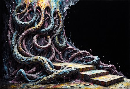 detailed watercolor artwork inspired by ZdzisÅaw BeksiÅski of, (foreboding, skeletal, grand) | An underground temple where the walls are embedded with ancient skeletons, arranged in ceremonial patterns. | Foreground: the bones are worn and cracked, catching faint glimmers of light. | Background: the temple stretches into darkness, with only the skeletal remains visible. | A heavy silence fills the air, adding to the sense of reverence. (high contrast, shadow-heavy, atmospheric shadows)